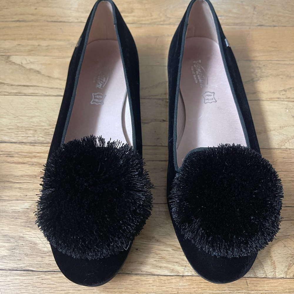 Gorgeous Black Velvet Flats with Pom-Pom Detail